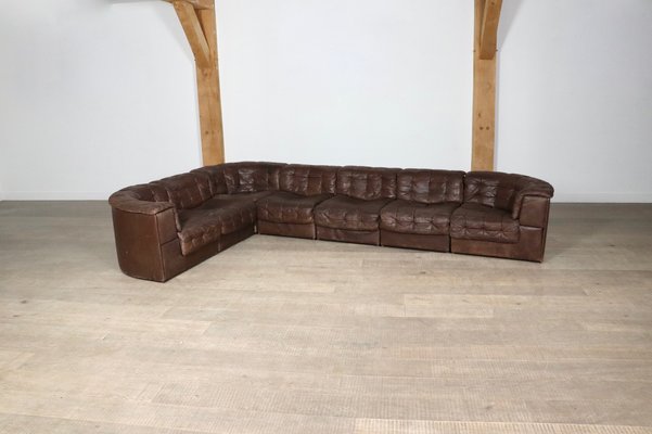 Ds-11 Modular Sofa Sectionals in Brown Patchwork Leather from De Sede, Switzerland, 1969, Set of 7-ZZP-1758688