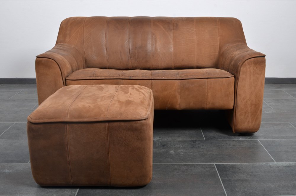 DS-44 Two Seater Sofa & Footstool in Neck Leather from De Sede, Set of 2