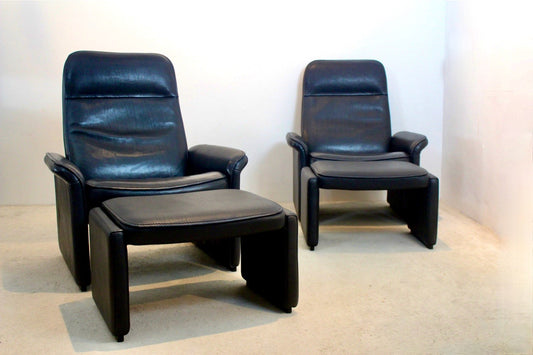 Ds-50 Adjustable Lounge Chairs and Ottomans in Soft Thick Black Neck Leather from de Sede, 1970s, Set of 4