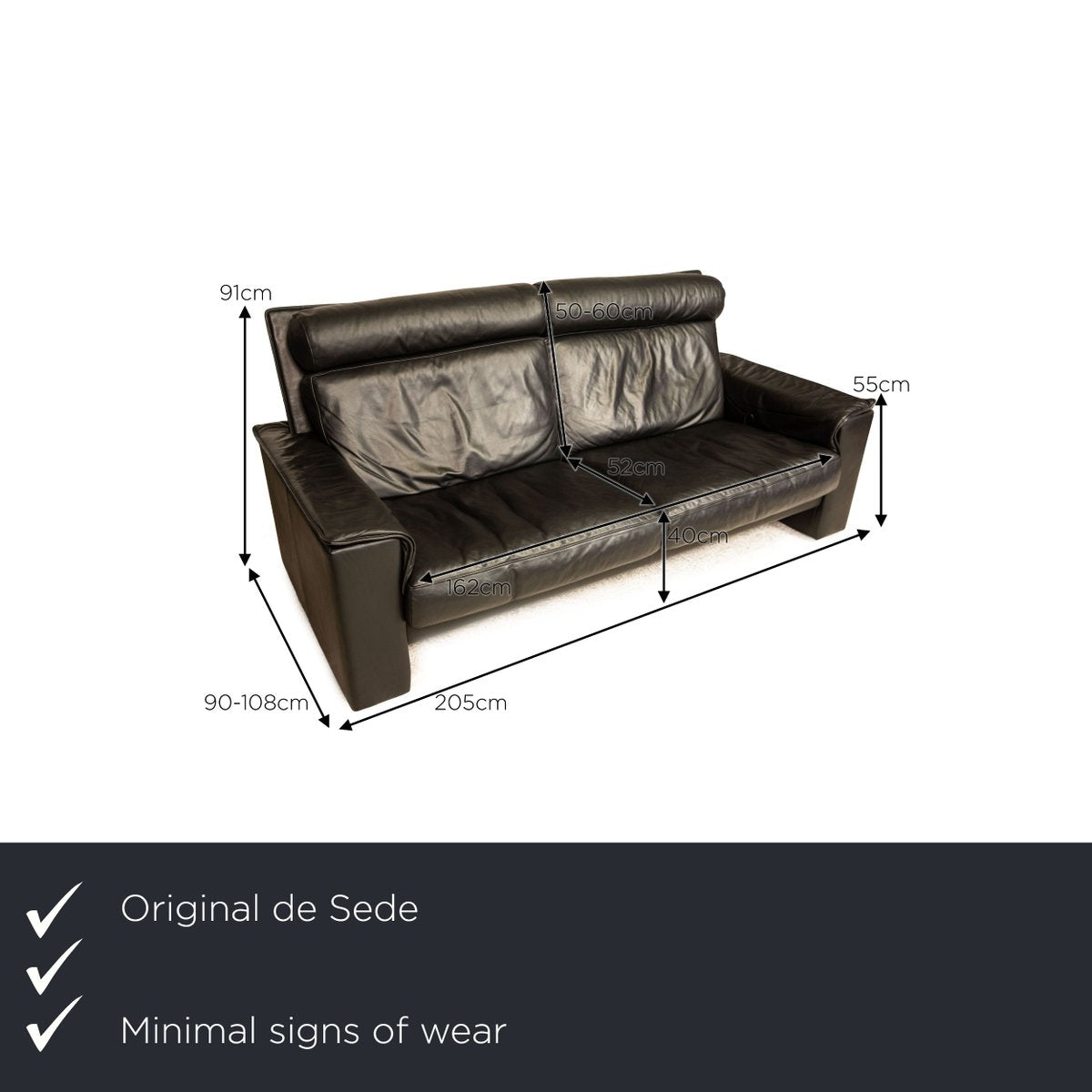 DS331 3-Seater Sofa in Black Leather from de Sede