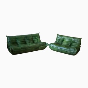 Dubai Green Leather Togo 2- and 3-Seat Sofa by Michel Ducaroy for Ligne Roset, Set of 2-IXA-1327601