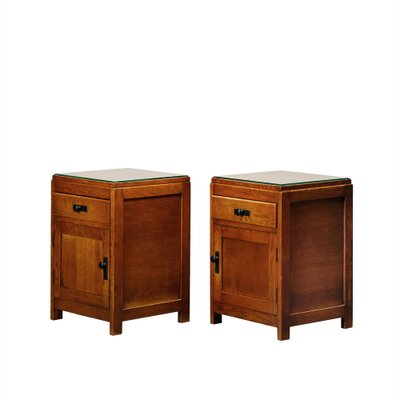 Dutch Art Deco Nightstands or Bedside Tables Oak and Glass, 1930s, Set of 2-JK-2043636