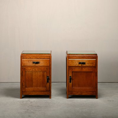 Dutch Art Deco Nightstands or Bedside Tables Oak and Glass, 1930s, Set of 2-JK-2043636