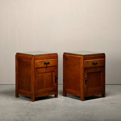 Dutch Art Deco Nightstands or Bedside Tables Oak and Glass, 1930s, Set of 2-JK-2043636