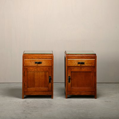 Dutch Art Deco Nightstands or Bedside Tables Oak and Glass, 1930s, Set of 2-JK-2043636