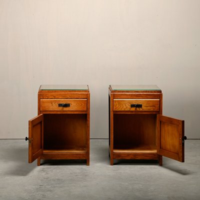 Dutch Art Deco Nightstands or Bedside Tables Oak and Glass, 1930s, Set of 2-JK-2043636