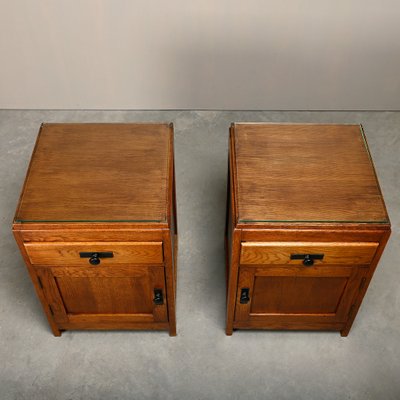 Dutch Art Deco Nightstands or Bedside Tables Oak and Glass, 1930s, Set of 2-JK-2043636