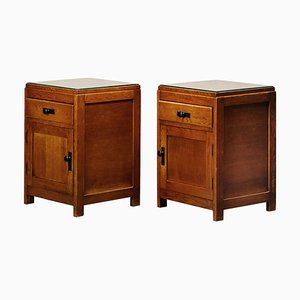 Dutch Art Deco Nightstands or Bedside Tables Oak and Glass, 1930s, Set of 2-JK-2043636