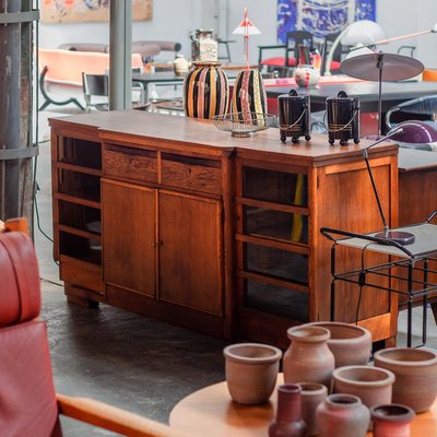 Dutch Art Deco Sideboard in Oak with Coromandel Wood Details and Glass Panes, 1930s-QVY-1386774