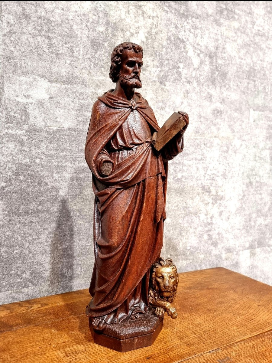 Dutch Artist, Hand Carved Holy Statue of Evangelist Marcus, 17th Century, Oak