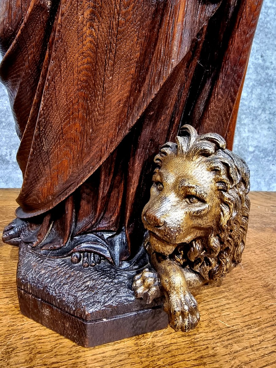 Dutch Artist, Hand Carved Holy Statue of Evangelist Marcus, 17th Century, Oak