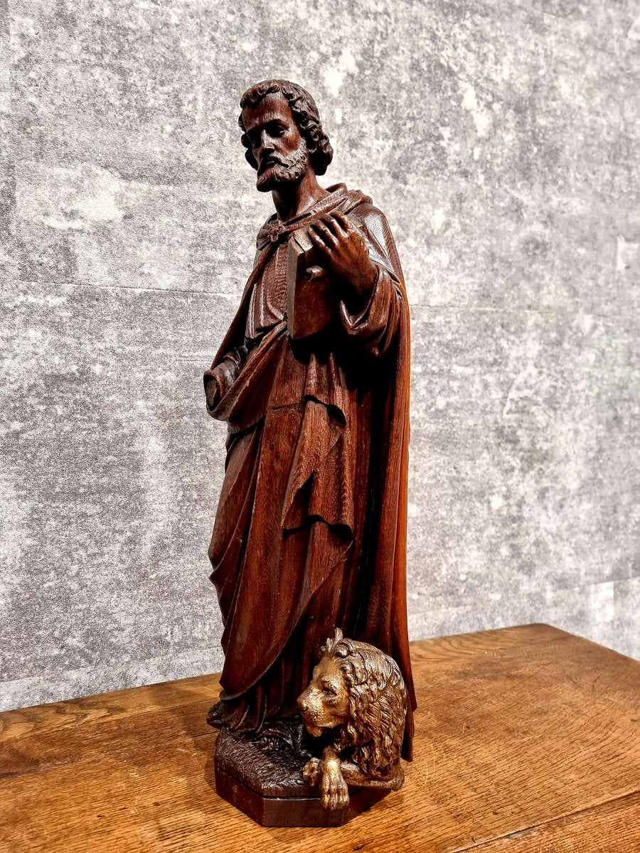 Dutch Artist, Hand Carved Holy Statue of Evangelist Marcus, 17th Century, Oak