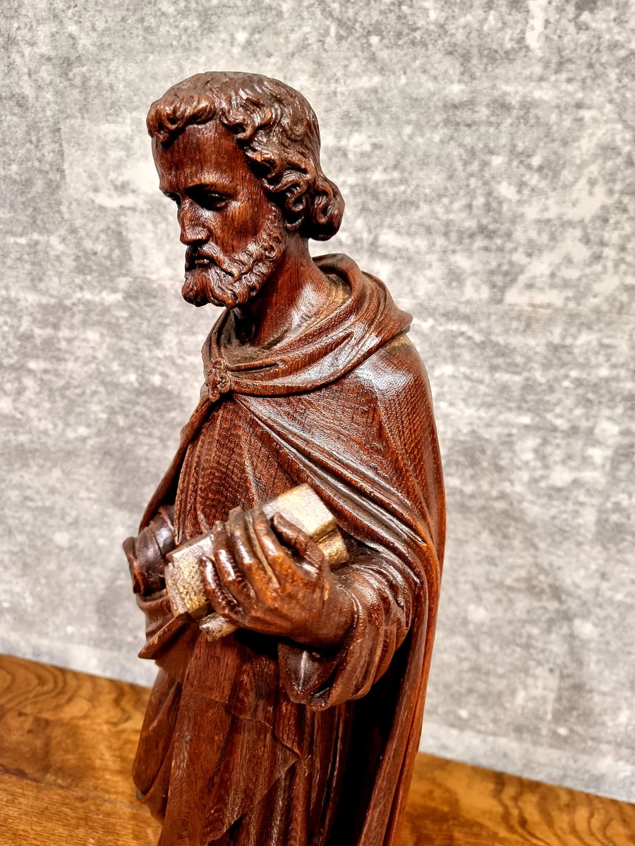 Dutch Artist, Hand Carved Holy Statue of Evangelist Marcus, 17th Century, Oak