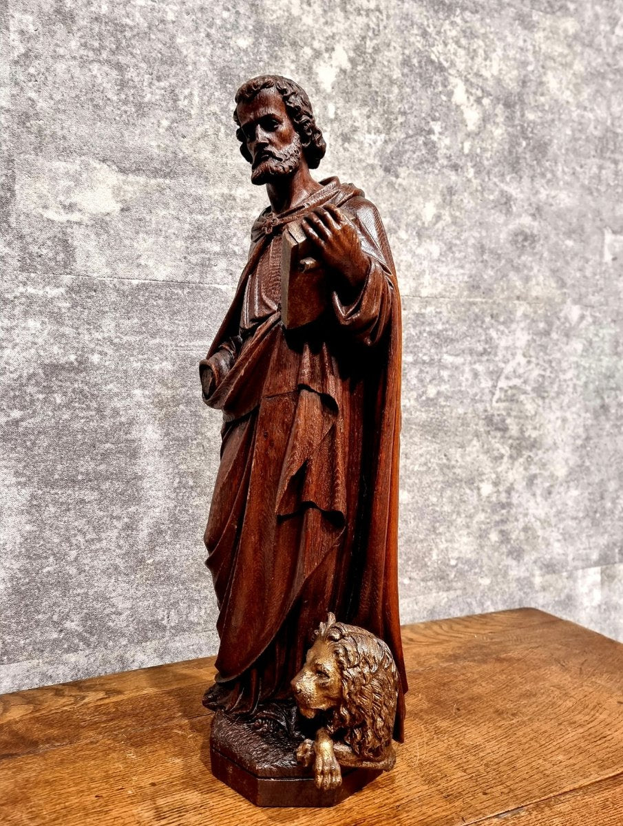 Dutch Artist, Hand Carved Holy Statue of Evangelist Marcus, 17th Century, Oak