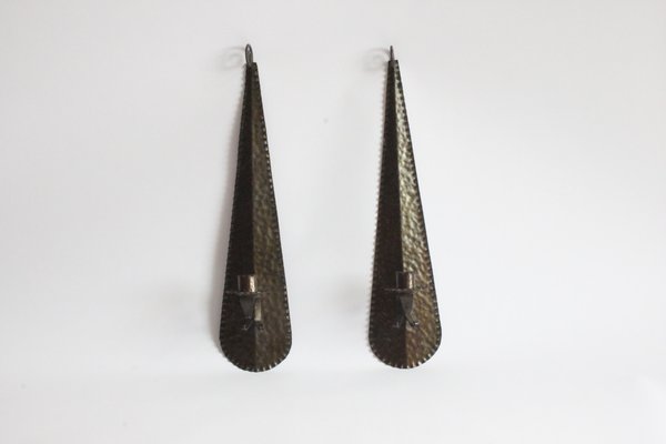 Dutch Arts & Crafts Hammered Brass Candleholders, 1910s, Set of 2-PLT-1738901