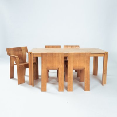 Dutch Bent Plywood Strip Set Dining Room Table Chairs by Gijs Bakker for Castelijn, 1970s, Set of 6-NQU-1790023