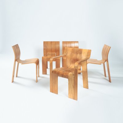 Dutch Bent Plywood Strip Set Dining Room Table Chairs by Gijs Bakker for Castelijn, 1970s, Set of 6-NQU-1790023