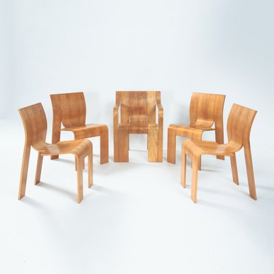 Dutch Bent Plywood Strip Set Dining Room Table Chairs by Gijs Bakker for Castelijn, 1970s, Set of 6-NQU-1790023