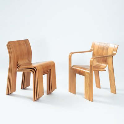 Dutch Bent Plywood Strip Set Dining Room Table Chairs by Gijs Bakker for Castelijn, 1970s, Set of 6-NQU-1790023