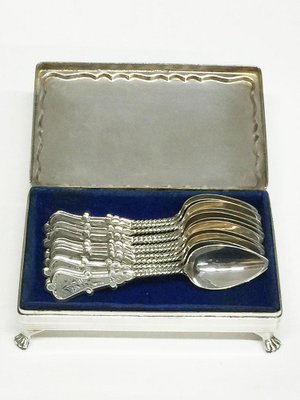 Dutch Biedermeier Style Silver Spoon Box with Tea Spoons, Set of 13-UCH-1224608