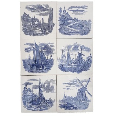 Dutch Blue Ceramic Tiles by Gilliot Hemiksen, 1930s, Set of 6-VDW-839114