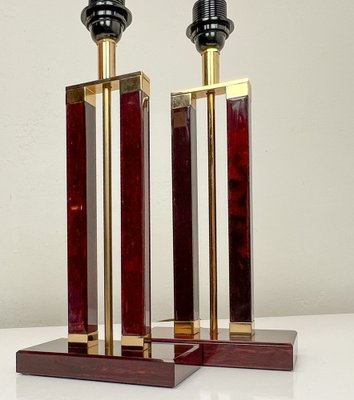 Dutch Brass and Red Acrylic Colomn Table Lamps, 1970, Set of 2-WZZ-1719393