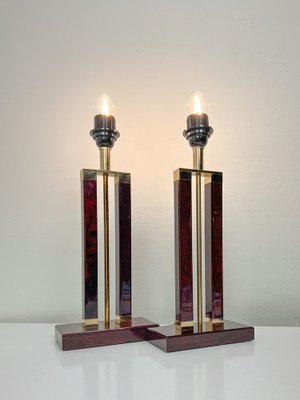 Dutch Brass and Red Acrylic Colomn Table Lamps, 1970, Set of 2-WZZ-1719393