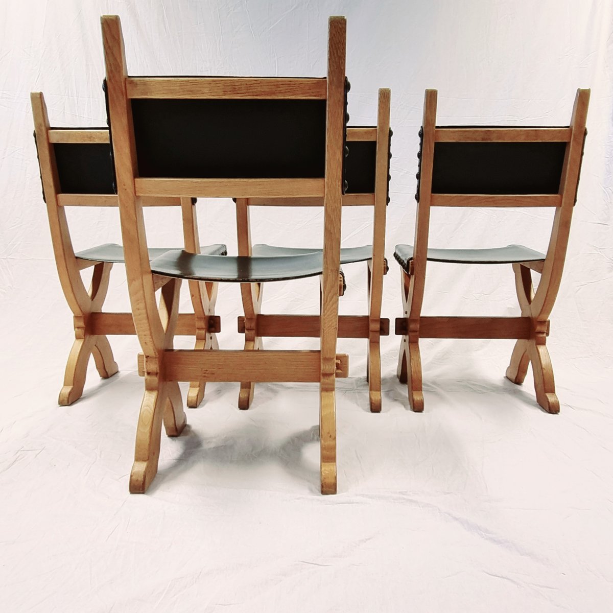 Dutch Brutalist Dining Chairs in Oak and Leather by Bram Sprij, Set of 4