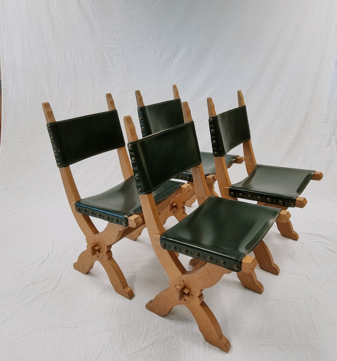 Dutch Brutalist Dining Chairs in Oak and Leather by Bram Sprij, Set of 4