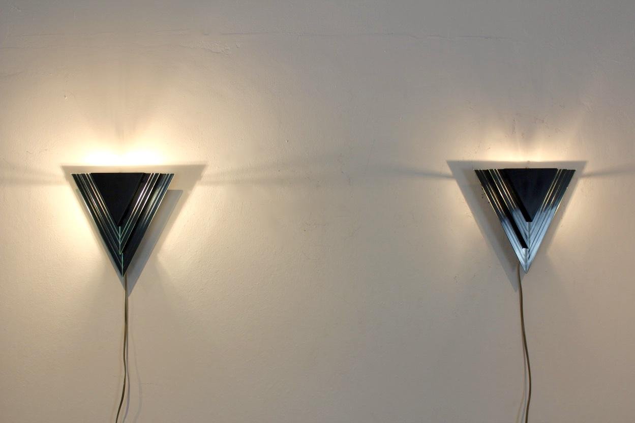 Dutch Modern Glass & Steel Triangular Wall Sconces, Set of 2