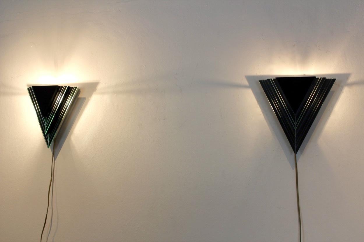 Dutch Modern Glass & Steel Triangular Wall Sconces, Set of 2