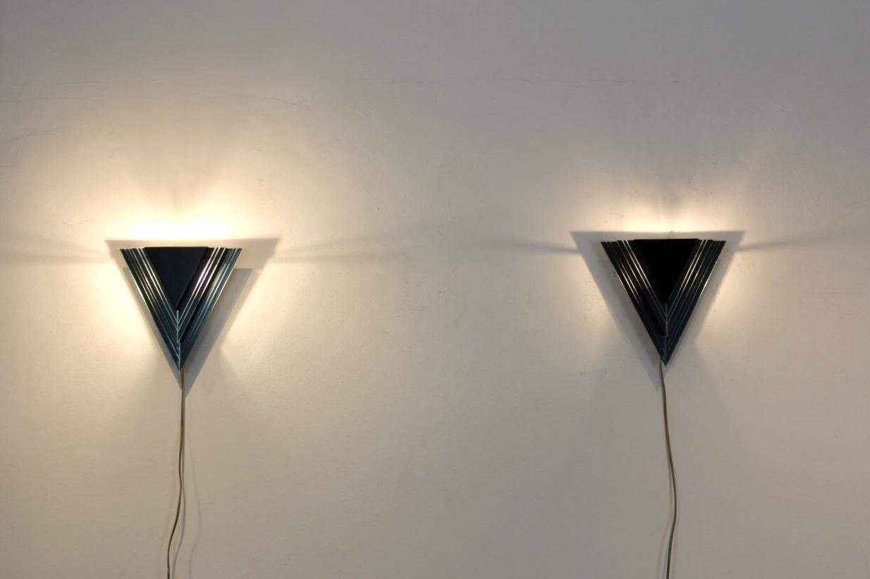 Dutch Modern Glass & Steel Triangular Wall Sconces, Set of 2