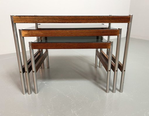 Dutch Nesting Tables in Smoked Glass Top, Wenge & Chrome from Fristho, 1960s, Set of 3-IXC-1430682