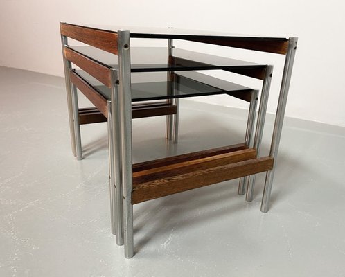 Dutch Nesting Tables in Smoked Glass Top, Wenge & Chrome from Fristho, 1960s, Set of 3-IXC-1430682