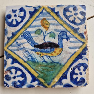 Dutch Peacock Square Tile from Delft, 1600s-BXK-2026759