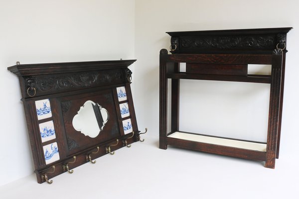 Dutch Renaissance Hallway Set Coat Rack & Umbrella Stand, 1880s, Set of 2-WIP-2041050