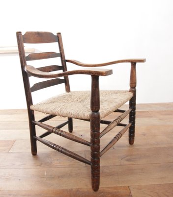 Dutch Rural Ladder Back Oak Rush Seat Armchairs, 1920s, Set of 2-XQB-1813455