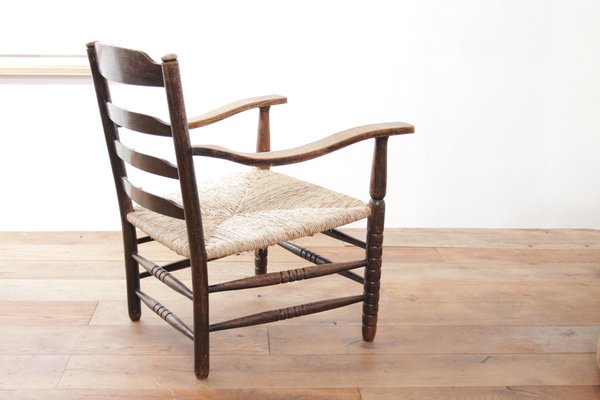 Dutch Rural Ladder Back Oak Rush Seat Armchairs, 1920s, Set of 2-XQB-1813455