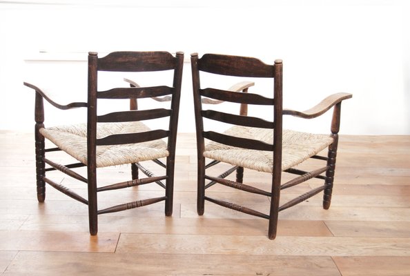 Dutch Rural Ladder Back Oak Rush Seat Armchairs, 1920s, Set of 2-XQB-1813455