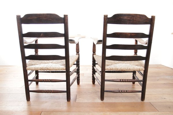 Dutch Rural Ladder Back Oak Rush Seat Armchairs, 1920s, Set of 2-XQB-1813455