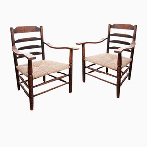 Dutch Rural Ladder Back Oak Rush Seat Armchairs, 1920s, Set of 2-XQB-1813455