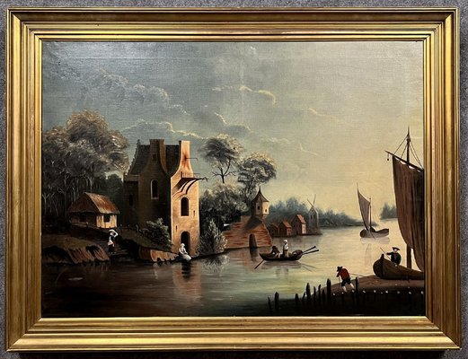 Dutch School Artist, Lake Landscape, 1800s, Oil on Canvas, Framed-MWB-1789152