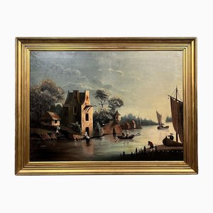 Dutch School Artist, Lake Landscape, 1800s, Oil on Canvas, Framed-MWB-1789152