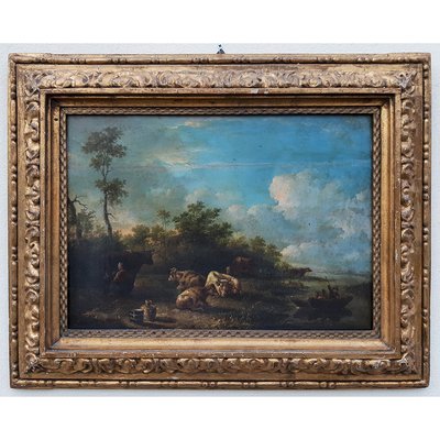 Dutch School Artist, Landscape with Characters and Herds, 1700s, Oil on Board-BEW-2022832