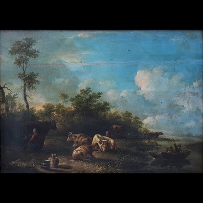 Dutch School Artist, Landscape with Characters and Herds, 1700s, Oil on Board-BEW-2022832