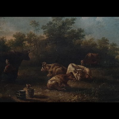 Dutch School Artist, Landscape with Characters and Herds, 1700s, Oil on Board-BEW-2022832