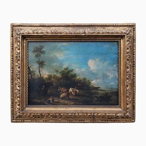 Dutch School Artist, Landscape with Characters and Herds, 1700s, Oil on Board-BEW-2022832