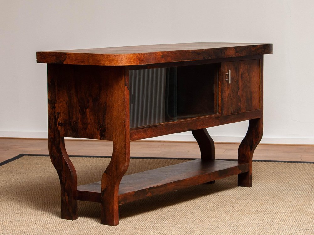 Dutch Sideboard with Glass Sliding and Wooden Folding Doors in Burl Walnut, 1920s