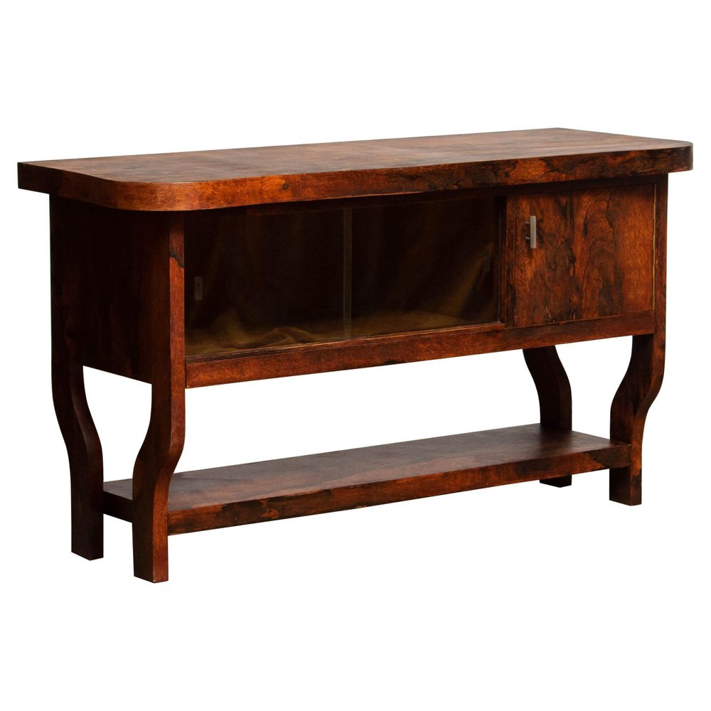 Dutch Sideboard with Glass Sliding and Wooden Folding Doors in Burl Walnut, 1920s