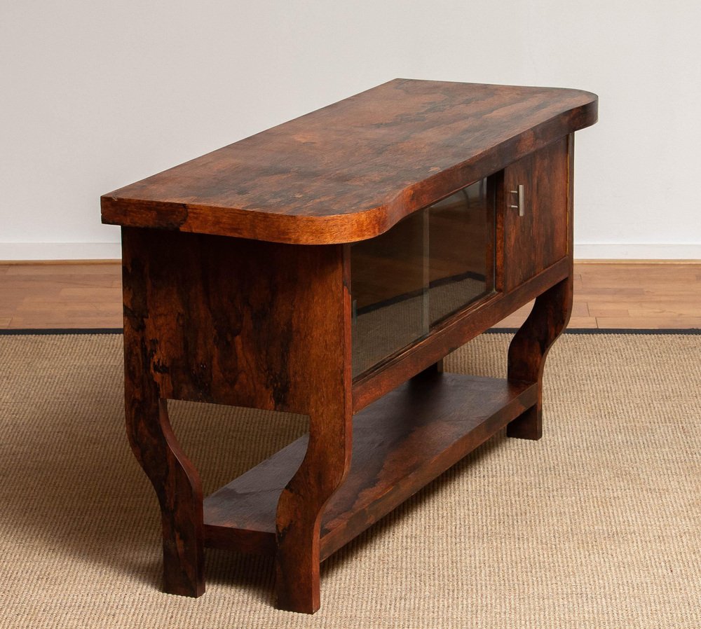 Dutch Sideboard with Glass Sliding and Wooden Folding Doors in Burl Walnut, 1920s